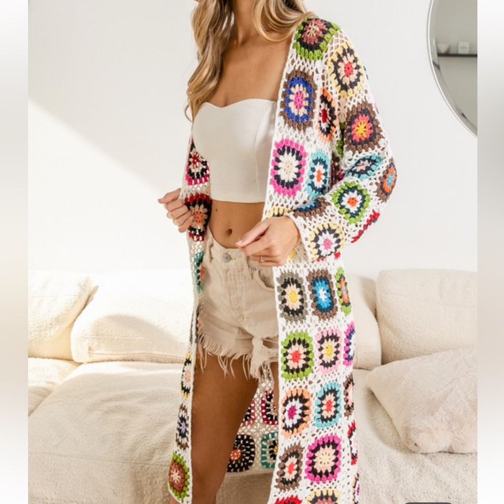 Handmade Granny Square Crochet Cardigan, swim suit cover up/ long cardig… - Picture 9 of 16